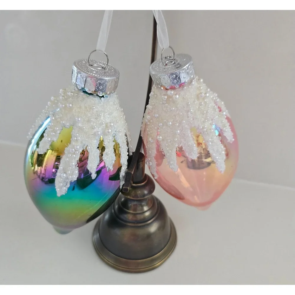 Set of 2 Gerson and Co Iridescent Glass Teardrop Christmas Ornaments New